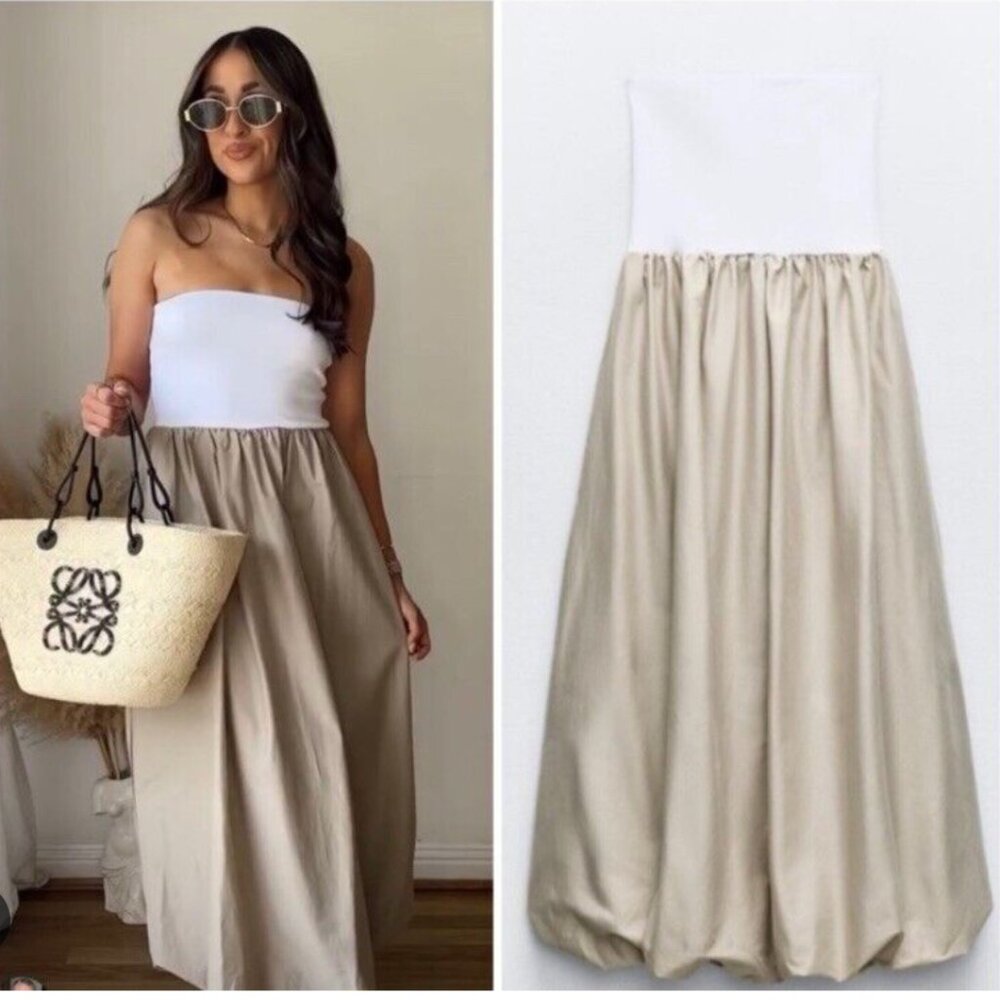 Zara Women Voluminous Combination Knit Cotton Midi Balloon Dress M NWT 4174/345